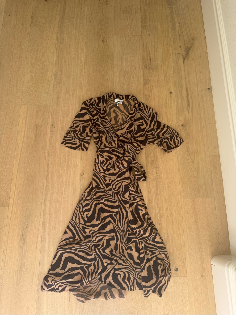 Ganni Black and Brown Zebra-Print Wrap Dress